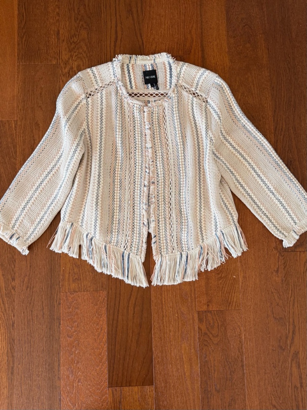 Nic + Zoe Fringe Hem Open Knit Striped Jacket size L